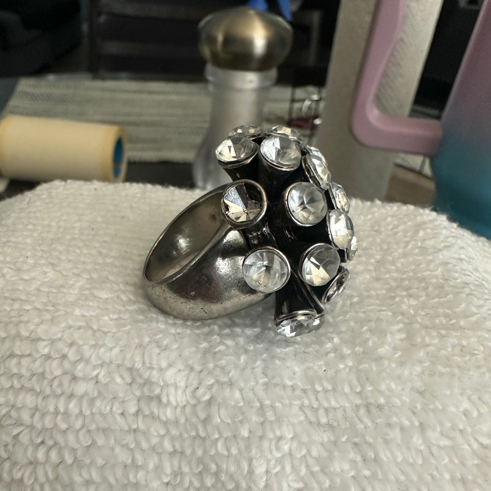 Silver And Black Statement Ring With Clear Gems - image 1